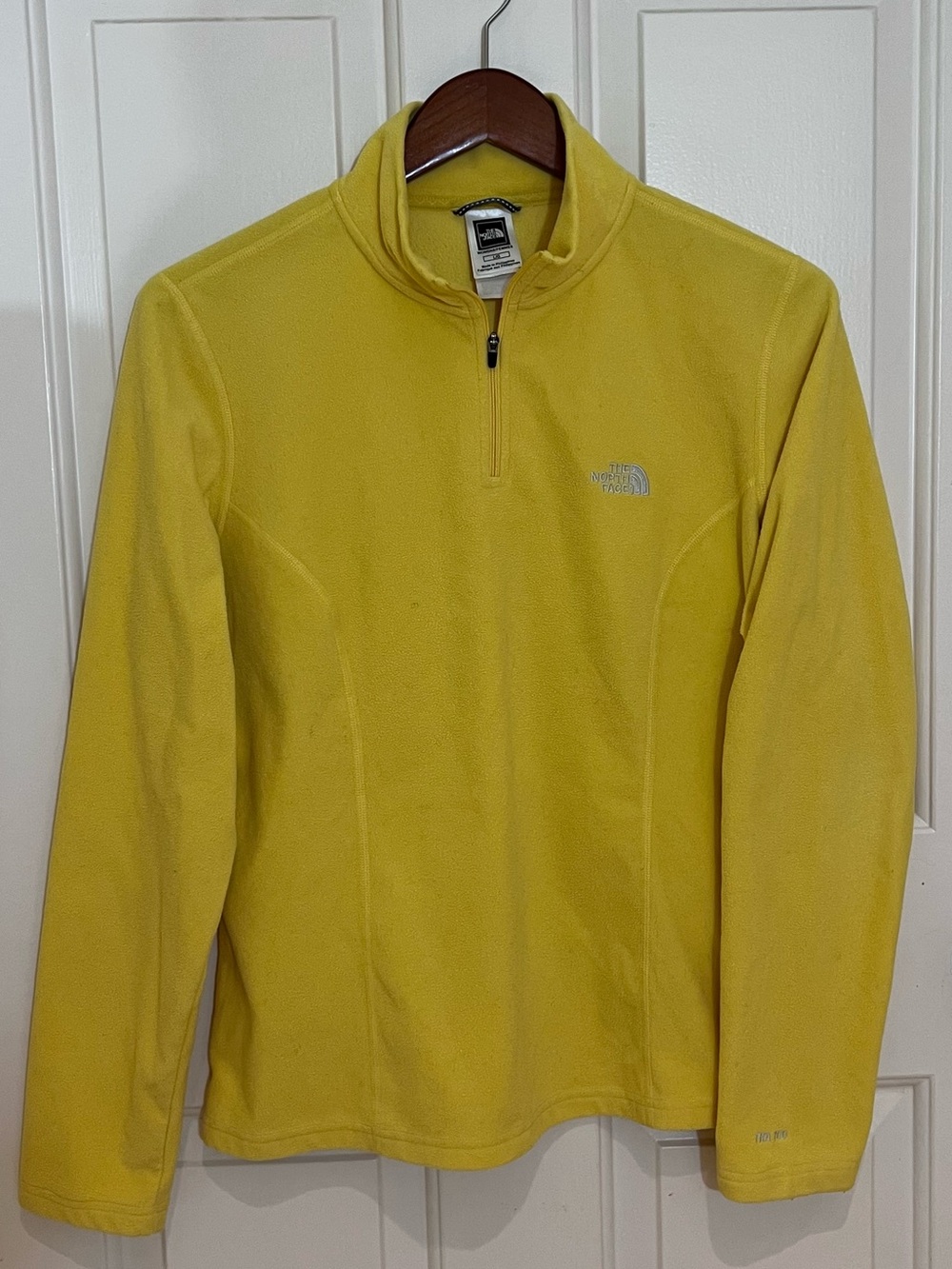 North Face Women’s Bright Yellow Half-Zip Fleece Pullover with grey logo